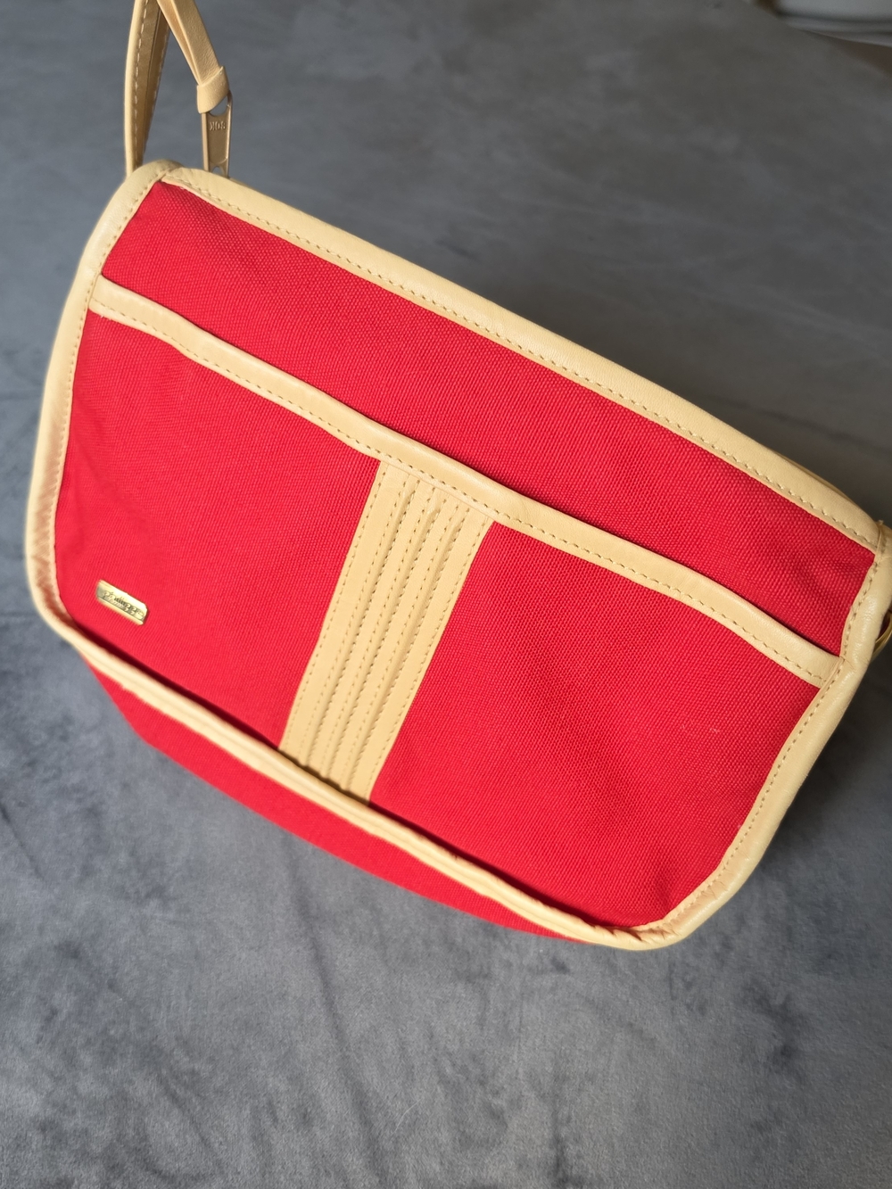 Red Canvas Crossbody with Cream Trim and Gold Plate